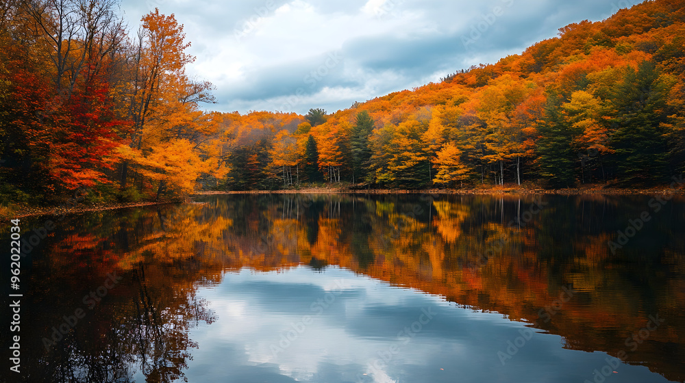 Obraz premium Golden Autumn Trees Reflecting Perfectly in a Tranquil Lake