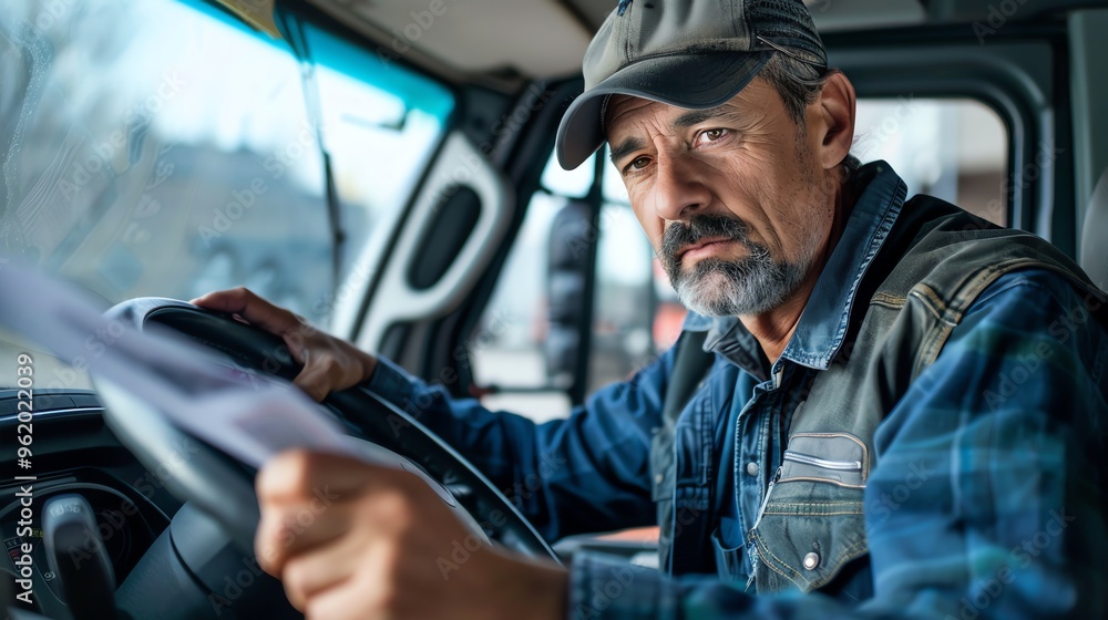 A man driving a truck while looking at a piece of paper. A man driving a truck while looking at a piece of paper.