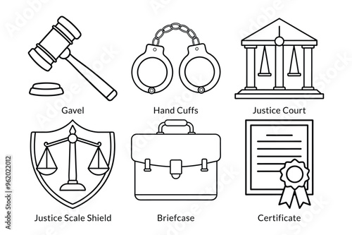 Law and Justice Icon Pack: Gavel, Handcuffs, Courthouse, Briefcase, Certificate - Perfect for Legal Apps and Designs