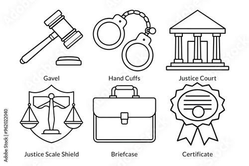 Law and Justice Icon Pack: Gavel, Handcuffs, Courthouse, Briefcase, Certificate - Perfect for Legal Apps and Designs
