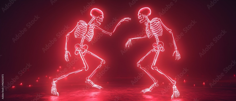 Neon Skeletons Dancing in the Dark on Halloween Photography Concept with Copy Space for Text or Design Elements Spooky Eerie and Creatively Lit Skeletal Figures in a Moody Supernatural Scene Neon Skeletons Dancing in the Dark on Halloween Photography Concept with Copy Space for Text or Design Elements Spooky Eerie and Creatively Lit Skeletal Figures in a Moody Supernatural Scene