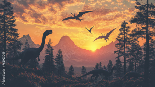 A beautiful sunset over mountains and trees, with dinosaur silhouettes in the sky. The scene features a Tyrannosaurus, Allosaurus, and Vulcanodon, bringing to life a prehistoric landscape. photo