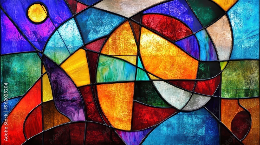 Fototapeta premium Vibrant Stained Glass Artistry with Bold Geometric Shapes and Energetic Color Palette
