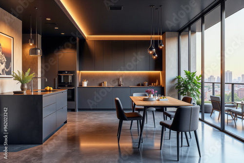 photo of a modern apartment kitchen with designer interior and furniture, luxury interior architecture design idea