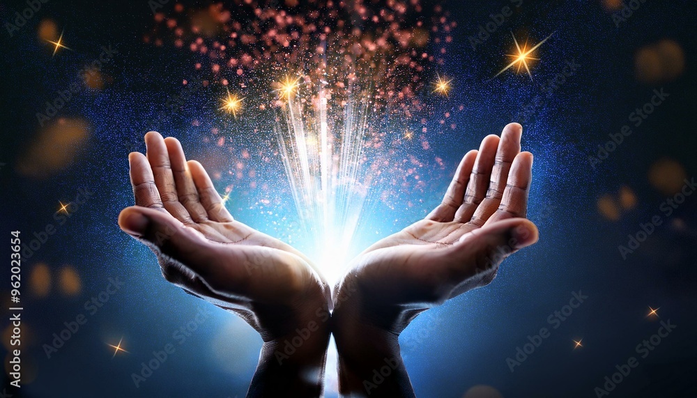 Mysterious Glowing Power in Hands with Magical Sparks and Dark Background, Concept of Energy Creation, Mysticism, Fantasy and Supernatural Forces Mysterious Glowing Power in Hands with Magical Sparks and Dark Background, Concept of Energy Creation, Mysticism, Fantasy and Supernatural Forces