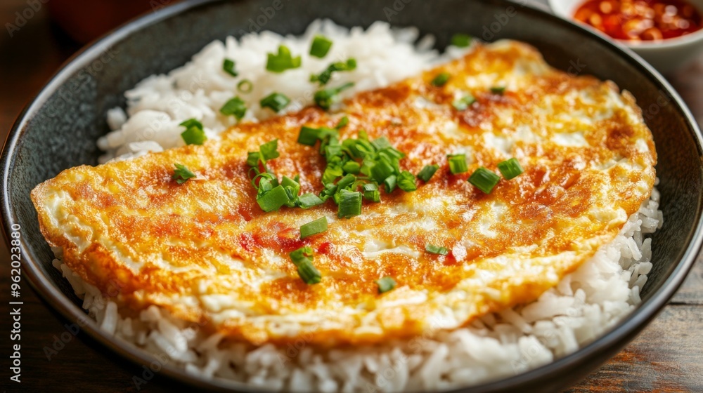 Close-up of a Thai-style omelette with golden, crispy edges, served atop a bowl of rice, with a small dish of chili sauce on the side. Close-up of a Thai-style omelette with golden, crispy edges, served atop a bowl of rice, with a small dish of chili sauce on the side.