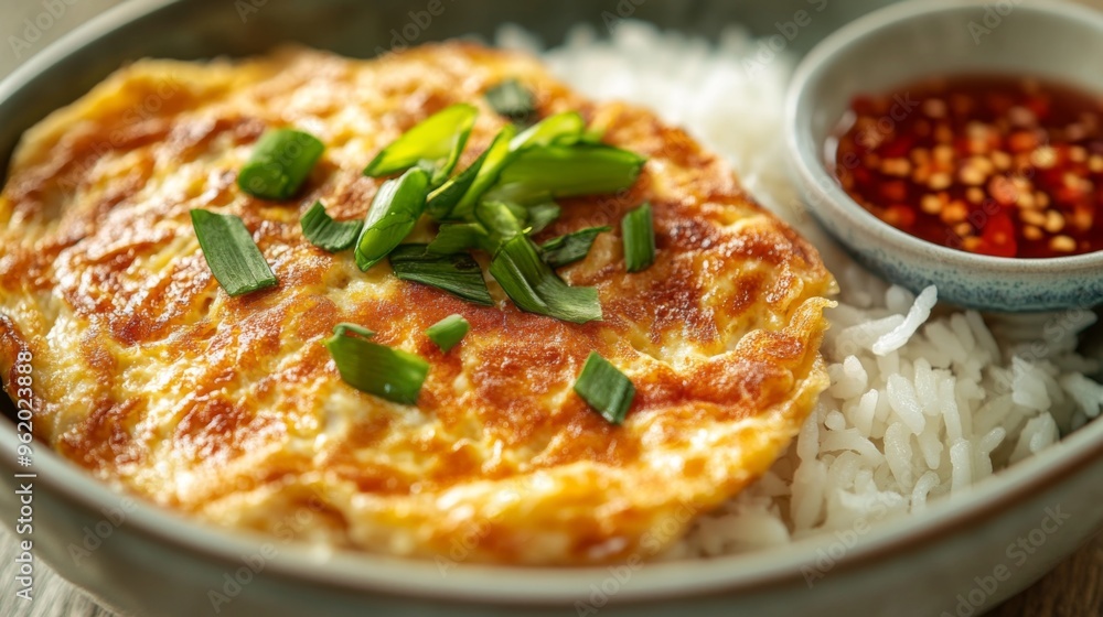 Close-up of a Thai-style omelette with golden, crispy edges, served atop a bowl of rice, with a small dish of chili sauce on the side. Close-up of a Thai-style omelette with golden, crispy edges, served atop a bowl of rice, with a small dish of chili sauce on the side.