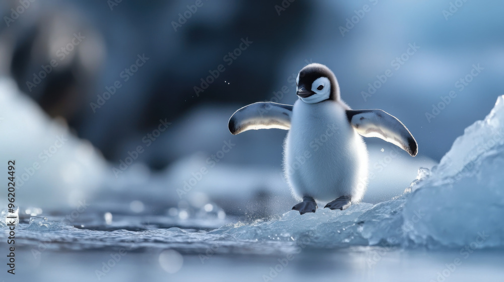 Fototapeta premium A cute penguin chick flapping its tiny wings as it tries to balance on a slippery ice patch