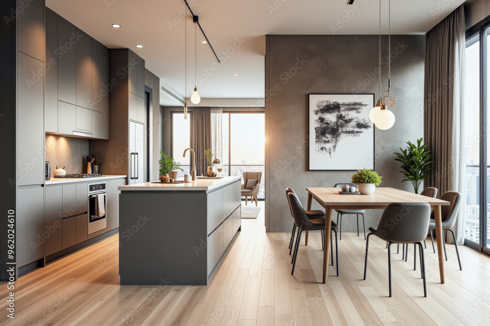 Fototapeta premium photo of a modern apartment kitchen with designer interior and furniture, luxury interior architecture design idea