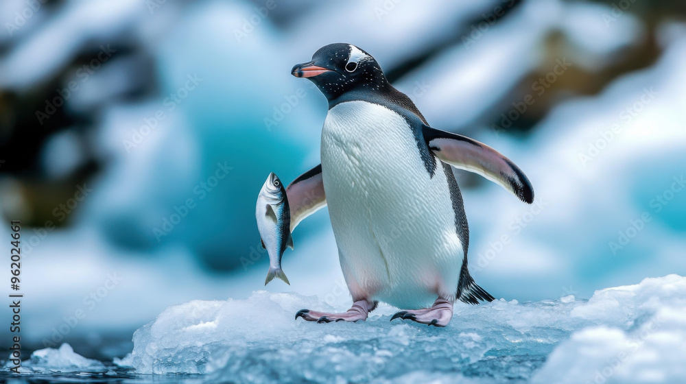 Fototapeta premium A penguin holding a small fish in its beak, proudly standing on the ice