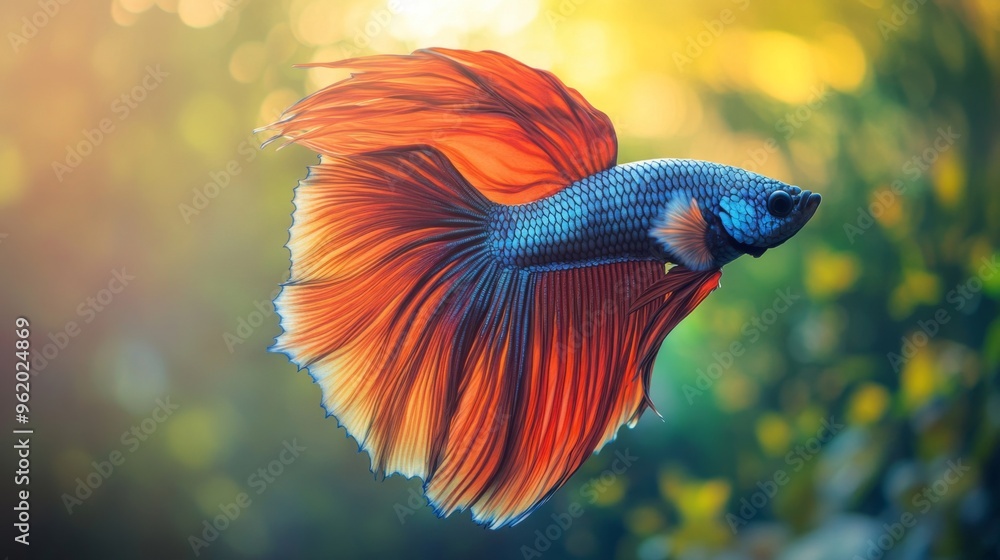 Fototapeta premium Close-up of a vibrant Betta fish with flowing fins and bright colors, swimming gracefully in a clear, well-lit aquarium with a natural background.