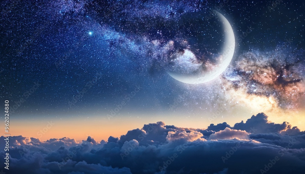 Serene Night Sky with Bright Crescent Moon Above Dramatic Cloudscape Under Starry Sky, Perfect for Relaxation and Tranquility Themes Serene Night Sky with Bright Crescent Moon Above Dramatic Cloudscape Under Starry Sky, Perfect for Relaxation and Tranquility Themes