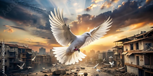 Hope Soars Above War-Torn City, White Dove, Sunset, Urban Landscape, Peace Symbol, War, Hope