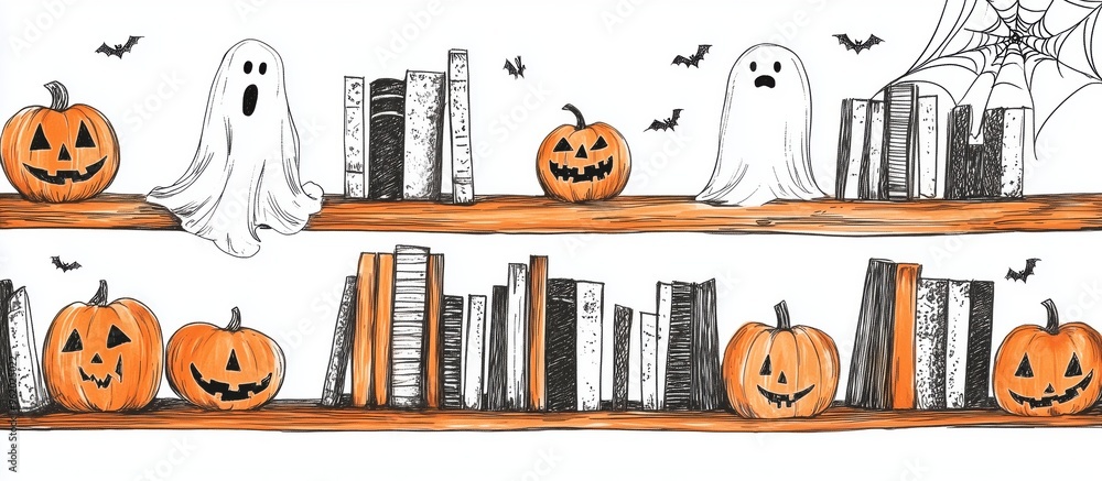 Fototapeta premium alloween bookshelf with pumpkins, spider webs and ghosts 