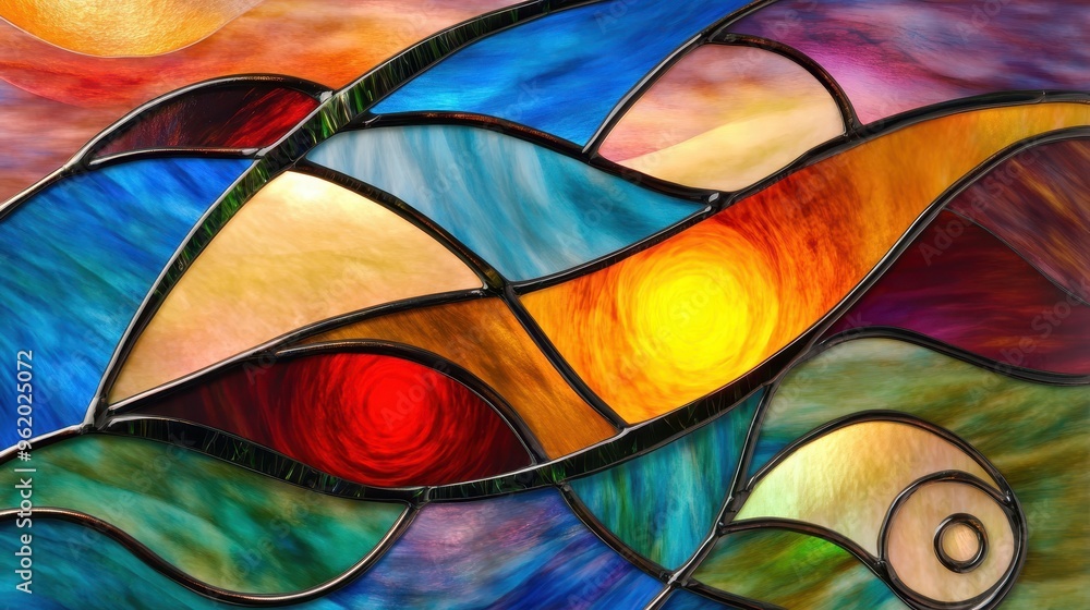 Fototapeta premium Radiant Sunset: Abstract Stained Glass Design with Swirling Lines and Vibrant Colors
