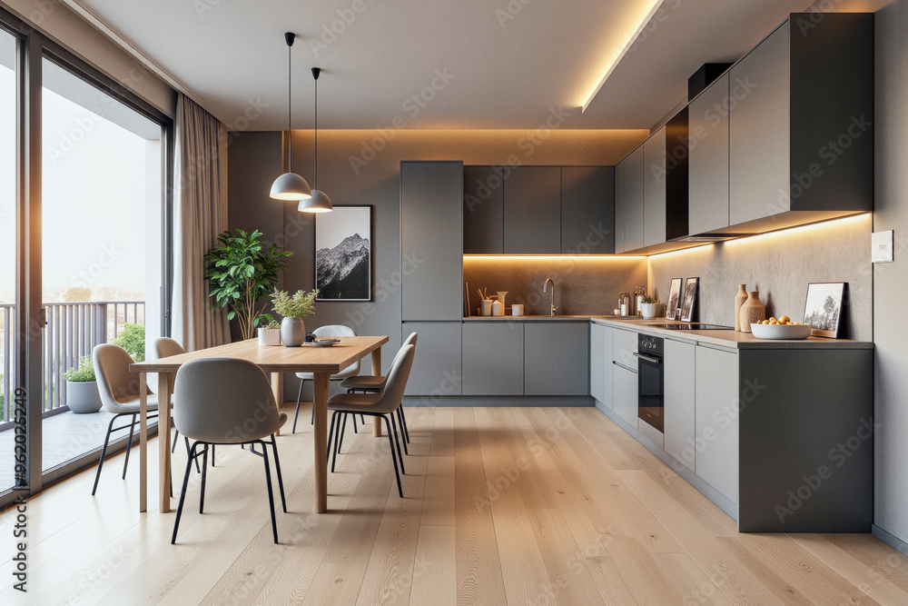 Fototapeta premium photo of a modern apartment kitchen with designer interior and furniture, luxury interior architecture design idea