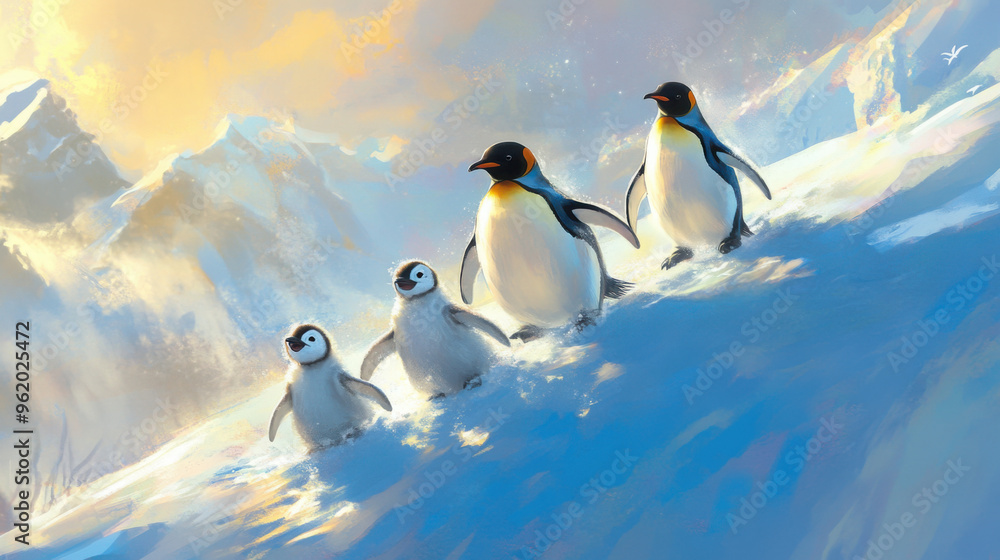 Obraz premium A penguin family sliding together down an icy hill, their feathers gleaming in the sunlight