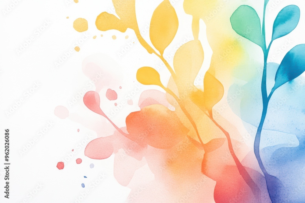 Obraz premium A vibrant watercolor illustration featuring colorful leaves and organic shapes, perfect for nature-themed designs.