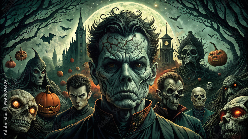 Nightmarish Halloween gathering of monstrous figures in surreal, moonlit landscape Nightmarish Halloween gathering of monstrous figures in surreal, moonlit landscape