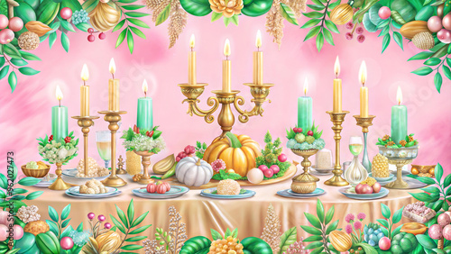 Elegant Thanksgiving table setting with golden candelabras and autumn decor against floral background