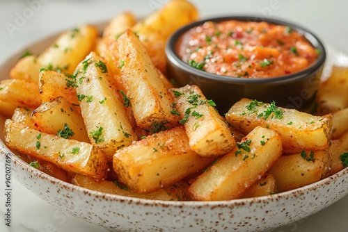 artisanal french fries arranged elegantly with vibrant sriracha aioli crisp golden potatoes contrast with creamy orange dip clean white background for emphasis photo