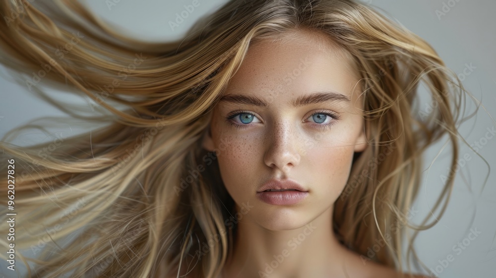 Fototapeta premium Close-up of a long-haired blonde's face against a simple neutral background. The concept of improving the appearance of hair, revealing femininity and attractiveness, developing a hairdressing busines