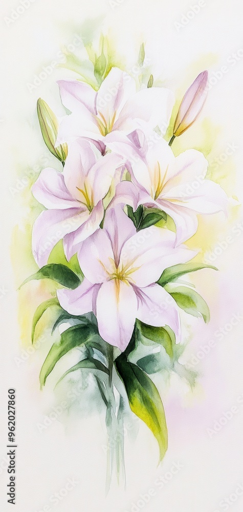 Beautiful watercolor illustration of delicate lilies against a soft pastel background, perfect for floral-themed decor. Beautiful watercolor illustration of delicate lilies against a soft pastel background, perfect for floral-themed decor.