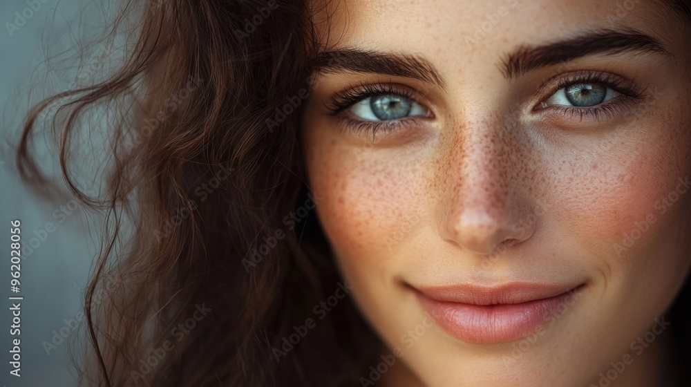 Fototapeta premium Close-up of a woman with expressive eyes and a gentle smile, emphasizing her well-defined features and natural beauty in a soft, flattering light.