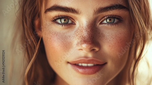 Wallpaper Mural Close-up of a woman with expressive eyes and a gentle smile, emphasizing her well-defined features and natural beauty in a soft, flattering light. Torontodigital.ca