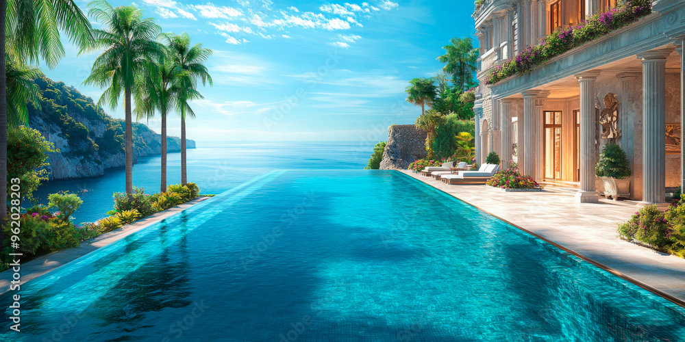 Luxurious villa with an infinity pool overlooking the sea, framed by palm trees and classical architecture, perfect for high-end travel and real estate. Luxurious villa with an infinity pool overlooking the sea, framed by palm trees and classical architecture, perfect for high-end travel and real estate.
