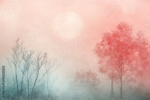A Silhouetted Forest with a Misty Pink Sky and a Bright White Moon