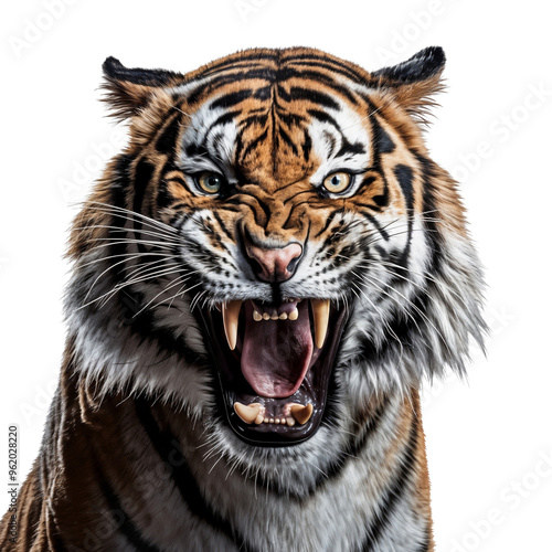 An angry tiger roaring with a scary face, isolated on transparent background