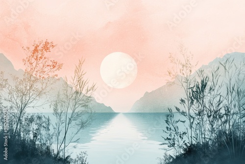 Watercolor Landscape with Silhouetted Trees and a Large Moon
