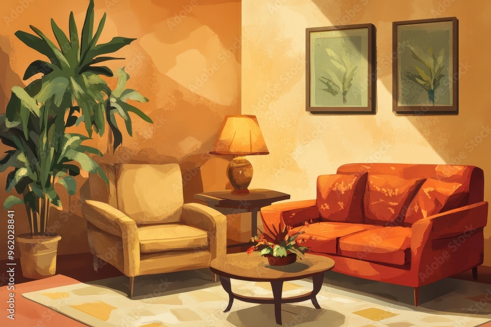 A Living Room with Orange Couch, Yellow Armchair, and Lamp A Living Room with Orange Couch, Yellow Armchair, and Lamp