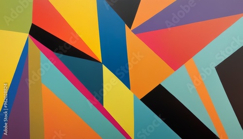 A striking abstract artwork featuring a vibrant mix of geometric shapes and bold colors. The composition includes various triangles and polygons in shades of yellow, blue, red, and black, creating a