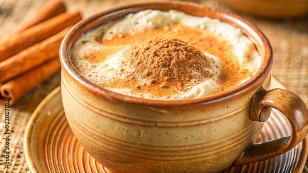 Cinnamon-Spiced Coffee in Rustic Mug with Cinnamon Sticks.. Cinnamon-Spiced Coffee in Rustic Mug with Cinnamon Sticks..