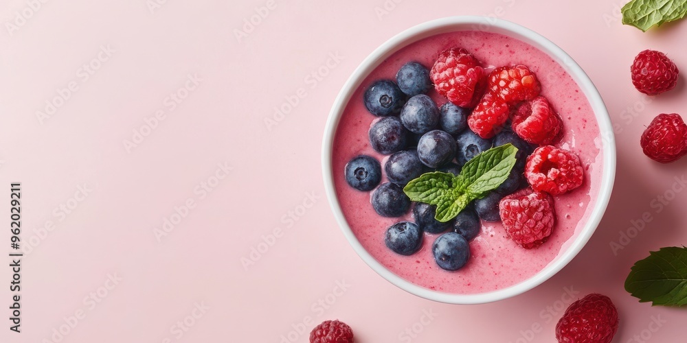 Delicious bowl of mixed berry smoothie topped with fresh raspberries, blueberries, and mint on a soft pink background. Delicious bowl of mixed berry smoothie topped with fresh raspberries, blueberries, and mint on a soft pink background.