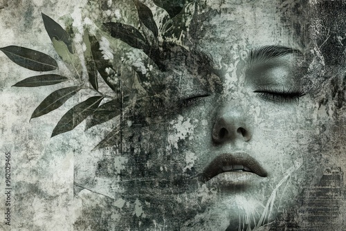 Abstract Portrait with Overlapping Leaves and Textured Background