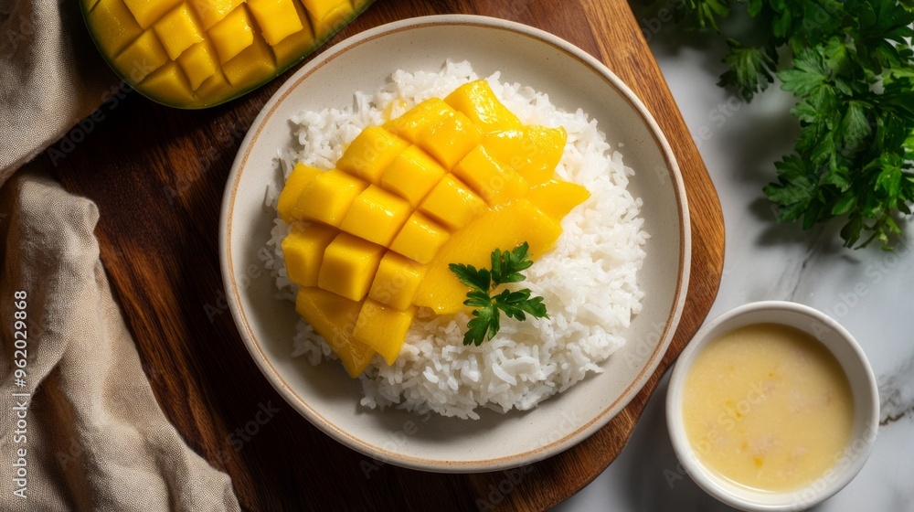 Plate of rice, mango, and sauce. Plate of rice, mango, and sauce.