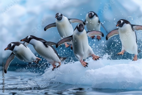 Adelie penguins jumping off an ice floe in the far North Pole, captured in high-definition photography.