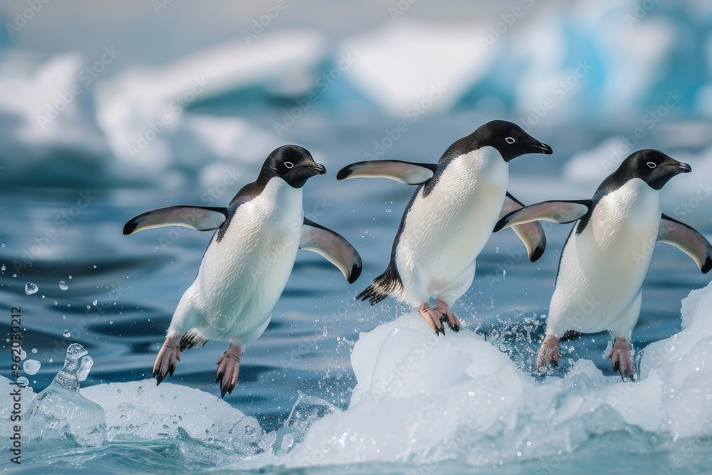 Obraz premium Adelie penguins jumping off an ice floe in the far North Pole, captured in high-definition photography.