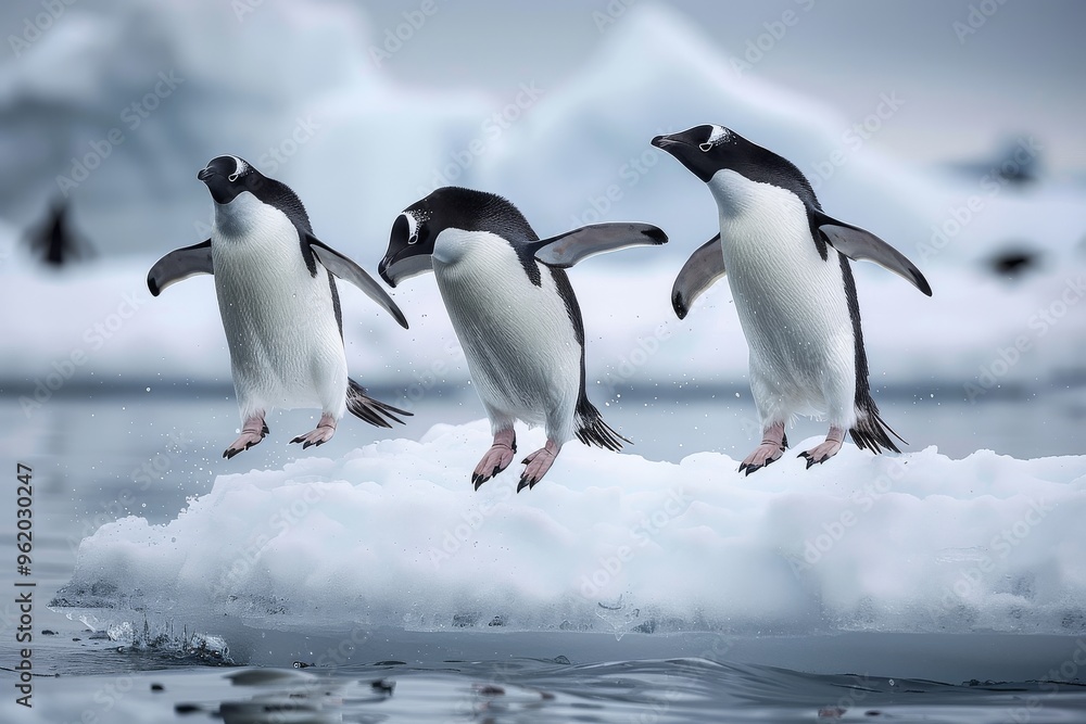 Fototapeta premium Adelie penguins jumping off an ice floe in the far North Pole, captured in high-definition photography.