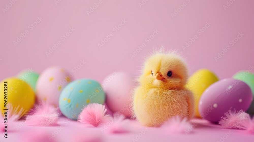 Cute fluffy Easter toys among colorful eggs AI generated image Cute fluffy Easter toys among colorful eggs AI generated image