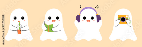 Cute funny ghosts collection. Set of fashionable and modern halloween characters with book, headphones, camera, cup of coffee. Children flat vector holiday illustration for banner, postcard, stickers.