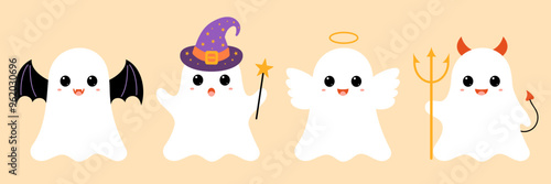 Cute funny ghosts collection. Set of fashionable and modern halloween characters in costumes of a bat, angel, imp, magician. Children flat vector holiday illustration for banner, postcard, stickers.