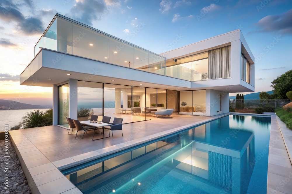 Fototapeta premium Modern villa with an infinity pool, large terrace, and panoramic glass doors, designed against a clean white backdrop, first-person perspective