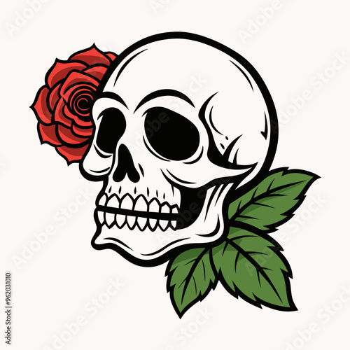 skull and,rose-hand-drawn,premium-vector-on-white-background