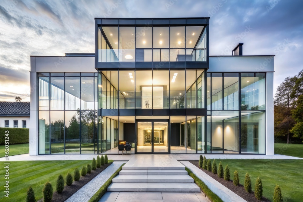 A modern reinterpretation of a classic castle, featuring sleek, minimalist lines, and large glass windows, captured from a close-up frontal view with a white background A modern reinterpretation of a classic castle, featuring sleek, minimalist lines, and large glass windows, captured from a close-up frontal view with a white background