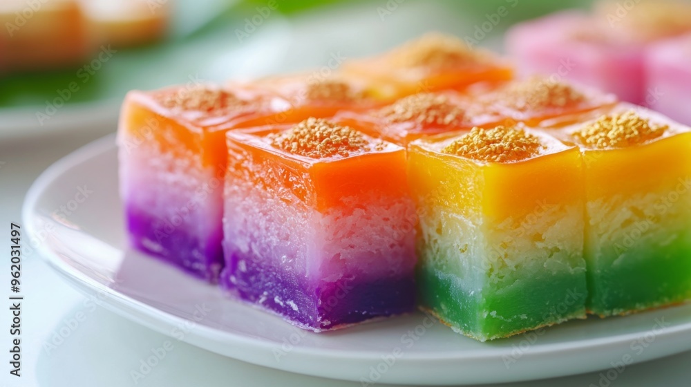 Close-up of colorful Thai sweets like khanom chan (layered cake) and foi thong (golden threads) on a pristine white surface, highlighting their vibrant colors Close-up of colorful Thai sweets like khanom chan (layered cake) and foi thong (golden threads) on a pristine white surface, highlighting their vibrant colors