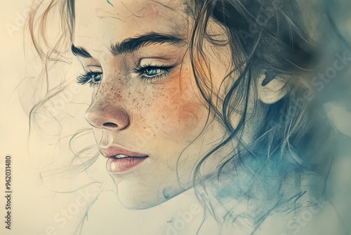 Close-up Portrait of a Woman with Freckles and Wavy Hair